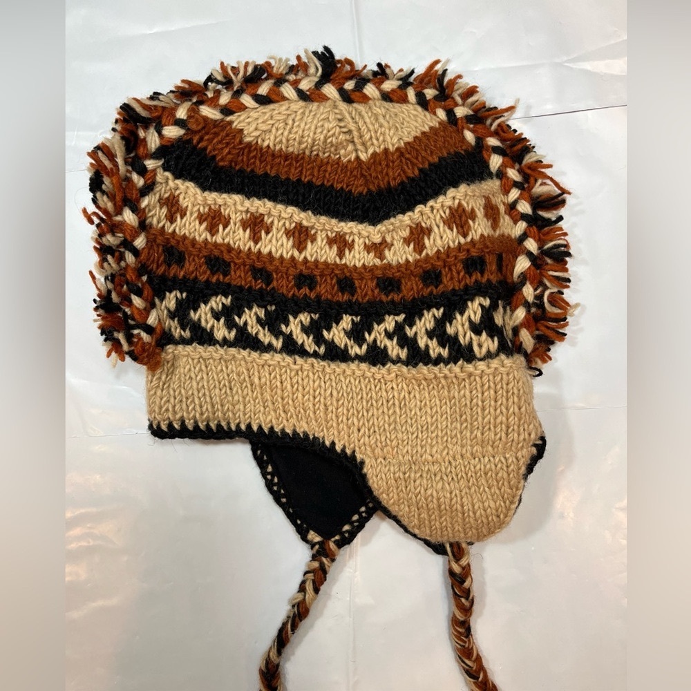 Brown tan BRAIDED MOHAWK HAT WOOL knit ear flaps BRAIDED Hang Ties 3D Tribal OS